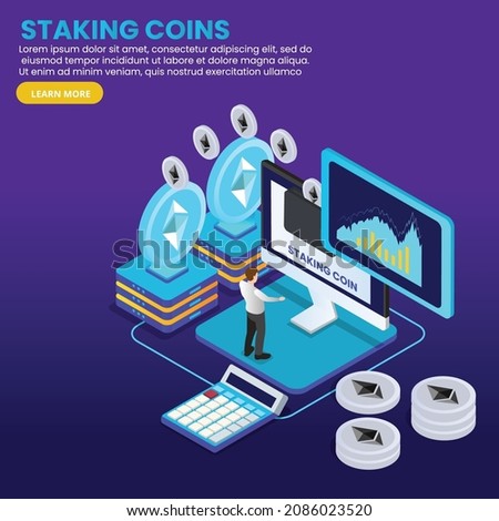 Calculating growing passive income from staking ethereum isometric 3d vector concept for banner, website, illustration, landing page, flyer, etc. Foto d'archivio © 