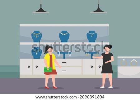 Jewelry store vector concept. Saleswoman showing jewelry on the showcase to her customer while standing in the store