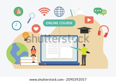 Online course vector concept. Two students using a laptop to taking online course while learning together