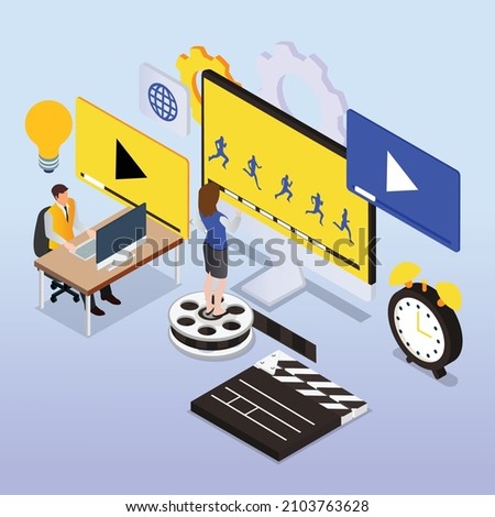 People working on computer creating animated video isometric 3d vector concept for banner, website, illustration, landing page, flyer, etc.
