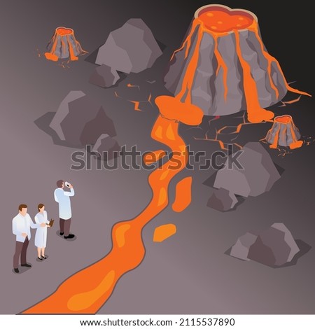 Volcano eruption study isometric 3d vector concept for banner, website, illustration, landing page, flyer, etc.