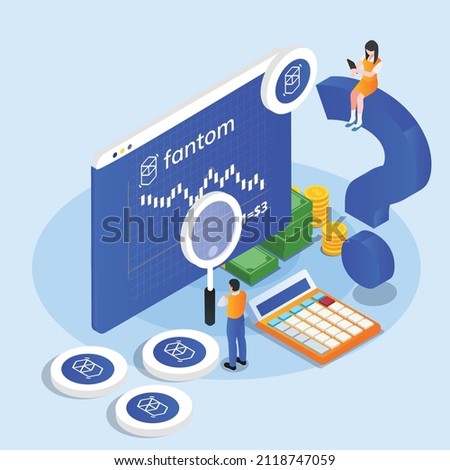 Traders analyzing fantom coin isometric 3d vector illustration concept banner, website, landing page, ads, flyer template