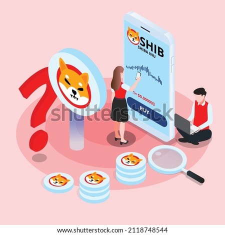 Trading shiba inu coin. Cryptocurrency isometric 3d vector illustration concept banner, website, landing page, ads, flyer template