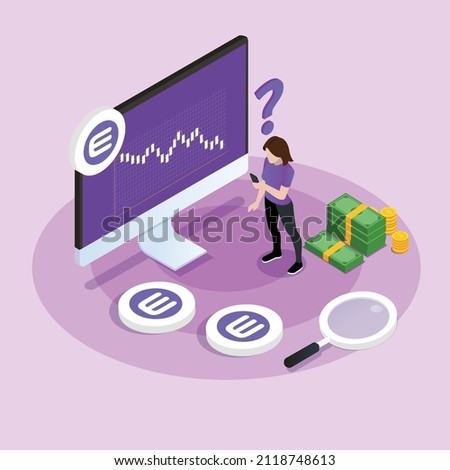Female trader trading enjin coin isometric 3d vector illustration concept banner, website, landing page, ads, flyer template