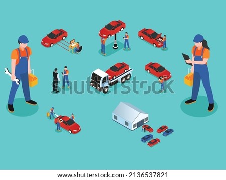 Flat icons car repair service - different workers in the process of repairing the car, tire service, diagnostics isometric 3d vector concept