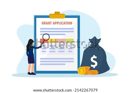 Grant application vector concept. Young woman checking grant application on the clipboard while looking with magnifying glass