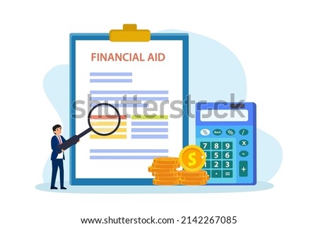 Financial aid vector concept. Businessman checking financial aid document on the clipboard while using a magnifying glass