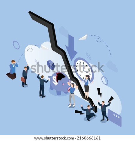 Panicking people amid world recession - collapse of stock market isometric 3d vector illustration concept for banner, website, illustration, landing page, flyer, etc.