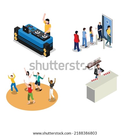 Night club dj dance disco party characters isometric 3d vector illustration concept for banner, website, illustration, landing page, flyer, etc.