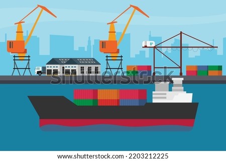 Container ship leaving the port 2d flat vector illustration concept for banner, website, illustration, landing page, flyer, etc.