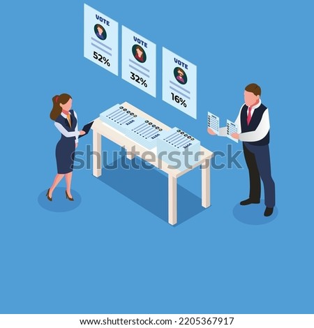 Two election observers helps counting voting results 3d isometric vector illustration concept for banner, website, landing page, ads, flyer template