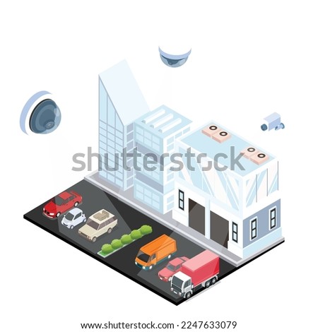 CCTV and IP cameras for monitoring and surveillance on car park isometric 3d vector illustration concept for banner, website, illustration, landing page, flyer, etc.