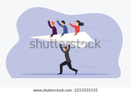 Business manager launching paperplane with workers 2d vector illustration concept for banner, website, illustration, landing page, flyer, etc