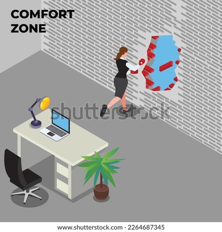 Businesswoman punching office wall to get out from her comfort zone 3d isometric vector illustration concept for banner, website, landing page, ads, flyer template
