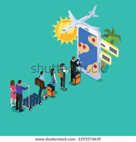 People queue online travel service, mobile travel 3d isometric vector illustration concept for banner, website, landing page, ads, flyer template