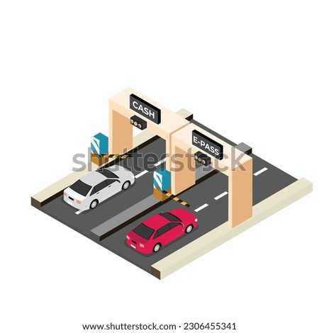 Cars passing through checkpoint to pay road toll at highway isometric 3d vector illustration concept for banner, website, illustration, landing page, flyer, etc.