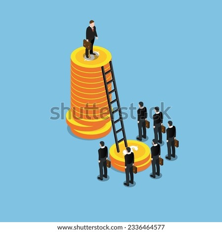 Successful man climbs stack of coins looking down less successful businessman isometric 3d vector illustration concept for banner, website, illustration, landing page, flyer, etc
