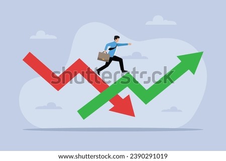 Businessman running on down and up arrows