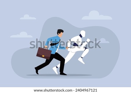 business man and robot running artificial intelligence technology competition 2d flat vector illustration
