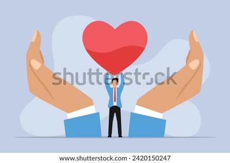 Young business man carrying a heart protected by hands 2d vector illustration