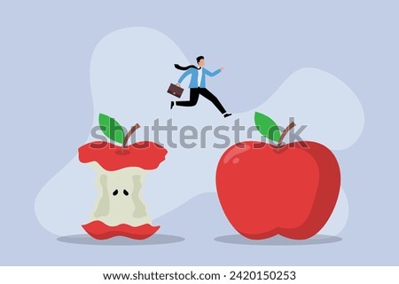Businessman jump from apple eaten down to the core to new apple core 2d vector illustration