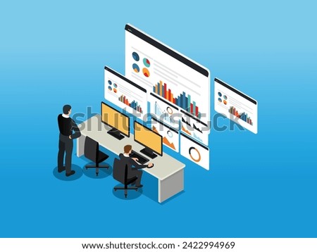 Businessman or data analysts working at desk analyzing data 3d isometric vector illustration