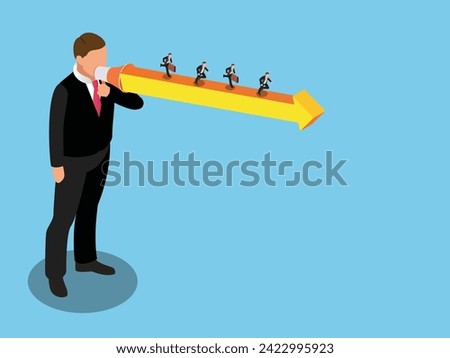 Motivator man with arrow and group of people 3d isometric vector illustration