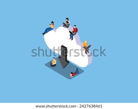 Cloud downloading - young people using mobile gadgets such as tablet pc and laptop for downloading app from cloud storage isometric 3d vector illustration