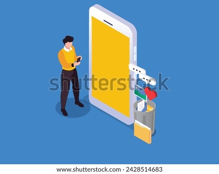 Young guy deleting unnecessary data from phone memory storage 3d isometric vector illustration