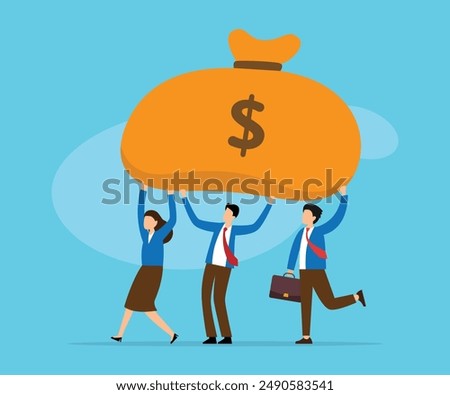 Business or Finance Team Success. Employees Carrying Giant Money Bag 2d flat vector illustration