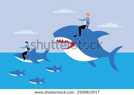 Big fish with dollar sign eating many small ones.business concept 2d flat vector illustration