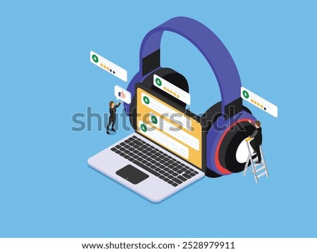 Customer Feedback and Online Reviews Concept with Headphones and Laptop 3d isometric vector illustration