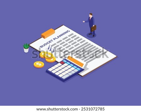 An isometric illustration depicting a businessman standing near a clipboard labeled 