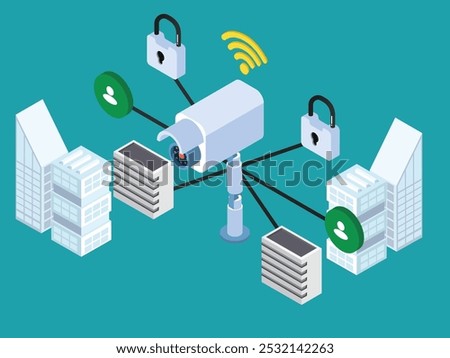 A central security camera is connected to multiple buildings through wireless networks and secure locks 3d isometric vector illustration