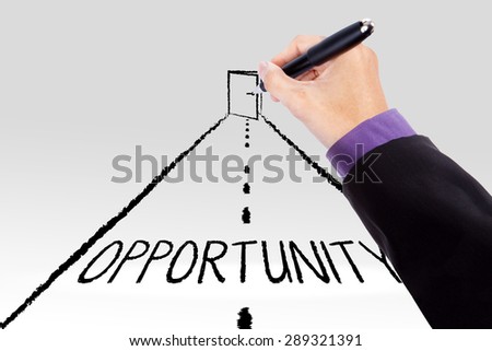 Hand drawing a road with an opportunity text and a door on the end of the road