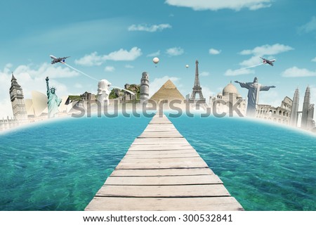 Wooden bridge on the sea to enjoy the trip to worldwide monuments trip