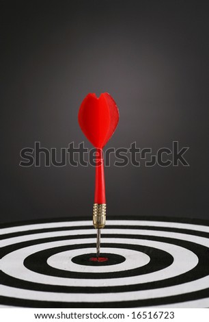 Portrait shot of a Red dart on bull\'s eye of a dart board