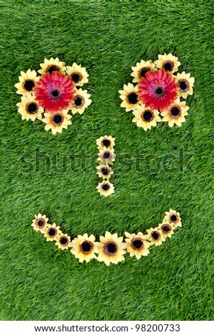 Smiley face made of sunflower petals. Shot outdoor on green grass