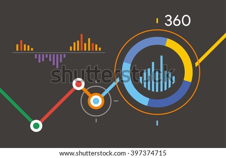 Analytics 360 dashboard. Dark infographic with diagram business template vector