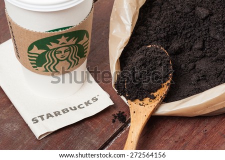 BANGKOK, THAILAND - APRIL 26, 2015: Coffee grounds free offer from Starbucks. Starbucks is the world\'s largest coffee house.