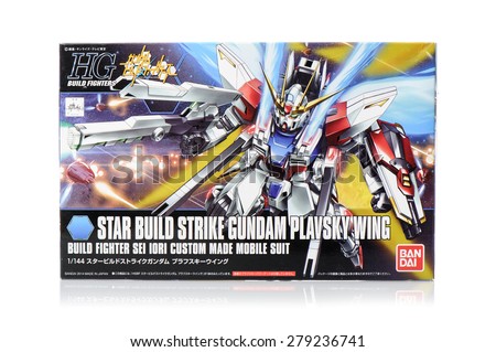 BANGKOK, THAILAND - MAY 19, 2015: Box of HG Star build strike Gundam plavsky wing. Gundam models are model kits depicting the vehicles and characters of the fictional Gundam universe by Bandai.