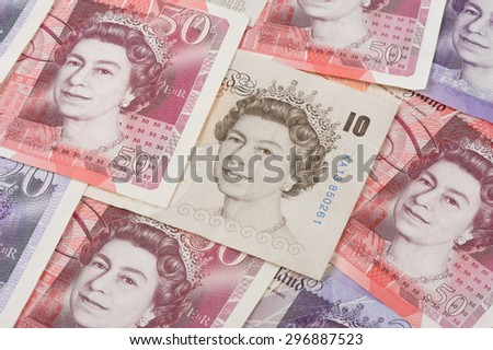 BANGKOK, THAILAND - JULY 13, 2015: Portrait of Her Majesty Queen Elizabeth II on England 10 Pound Sterling note