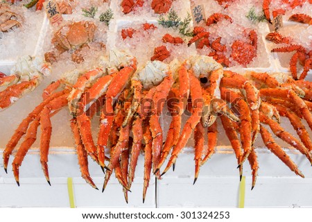 Steamed giant crab legs in crab market in Hokkaido, Japan.