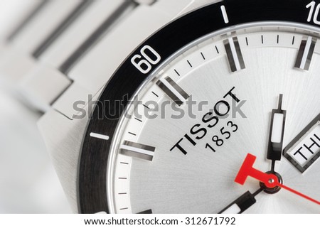 BANGKOK, THAILAND - SEPTEMBER 03, 2015: Closeup logo of TISSOT on Tissot PRS 516 Automatic watch. Tissot is a luxury Swiss watchmaking company founded in Switzerland.