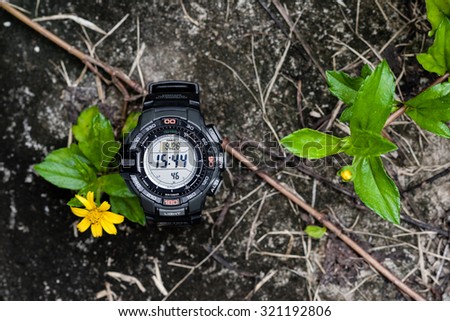 BANGKOK, THAILAND - SEPTEMBER 26, 2015: The Protrek watch with a triple sensor watch series of watches from the electronics manufacturer company Casio.