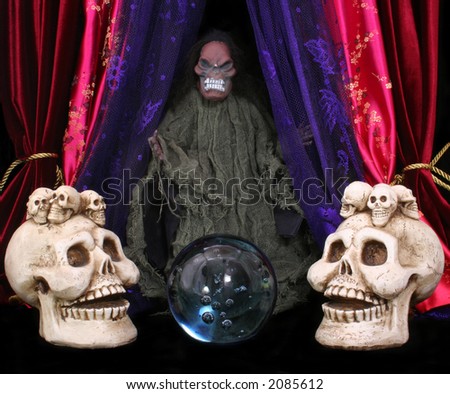 Skulls With Crystal Ball and Monster on Black and Red Background