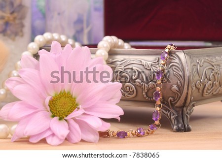 Gold and Amethyst Bracelet with Pink Flower and Antique Jewelry Box