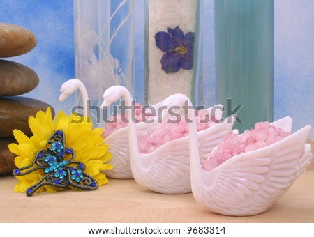 Bath Salts in Plastic Swans With Bath Oil and Flower