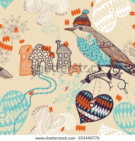 vector seamless pattern with funny birds, colorful hearts and cartoon houses