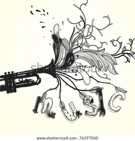 Vector Illustration Of A Trumpet With Abstract Plants And Ornate ...